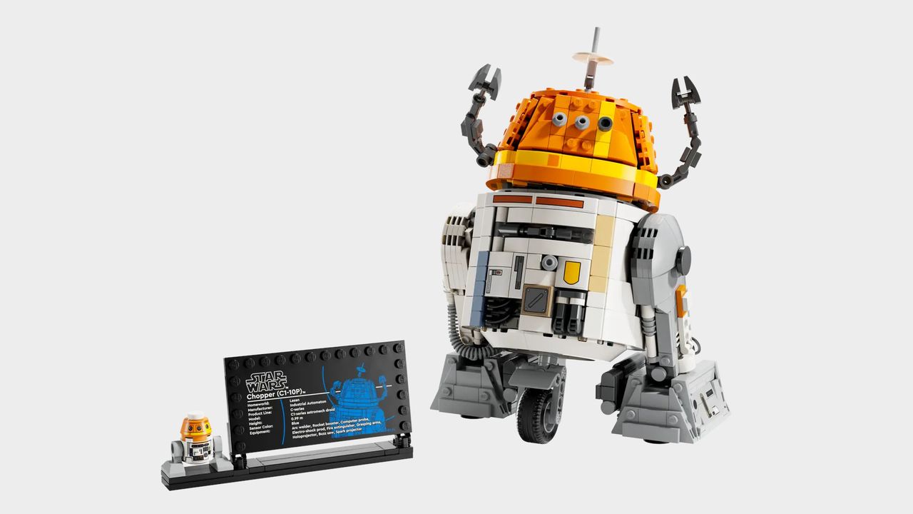 Lego Chopper figure on a plain background, beside a plaque
