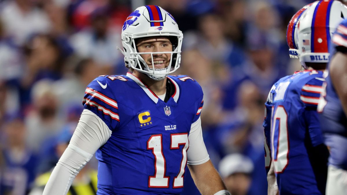 Josh Allen #17 of the Buffalo Bills looks on prior to the Ravens vs Bills live stream