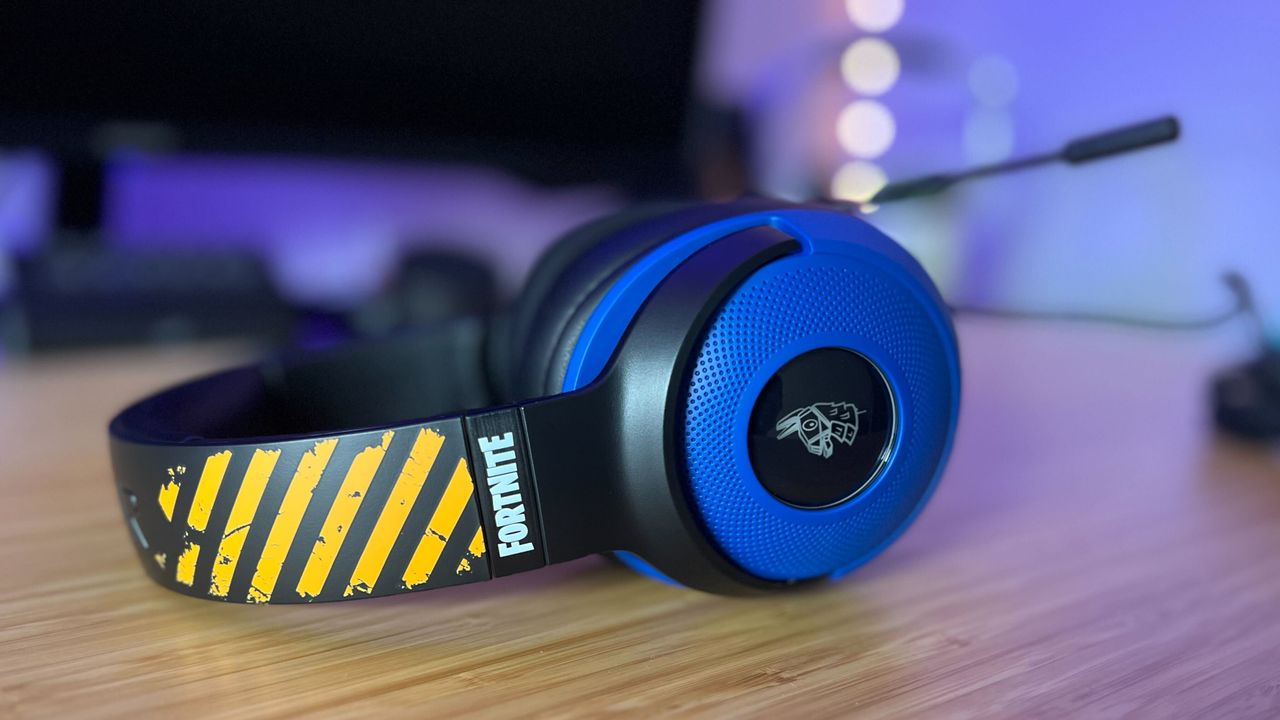 Razer Kraken V3 X Fortnite Edition gaming headset laying on a wooden table