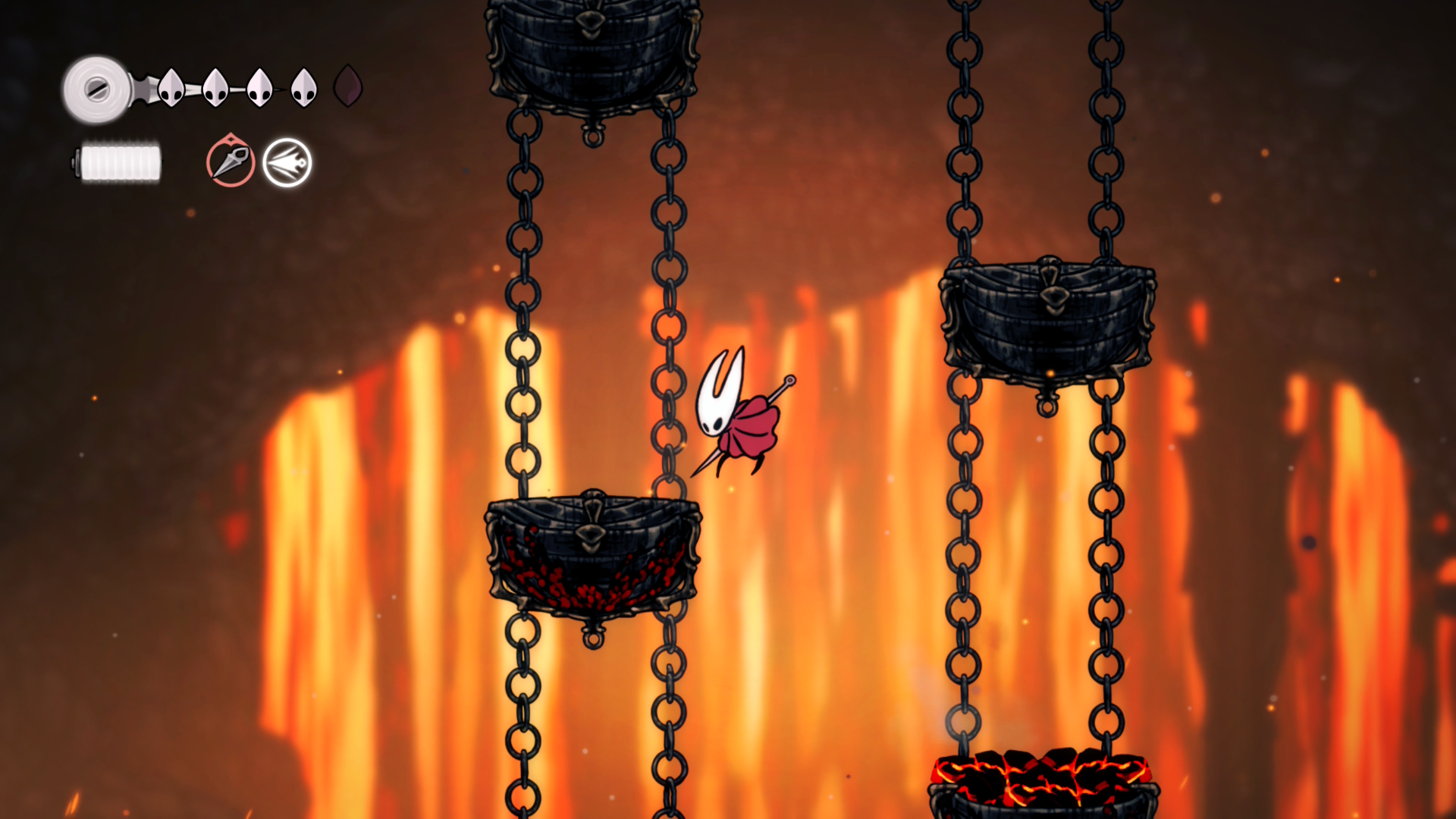 Hornet jumps between hanging metal platforms in front of a lava waterfall in Hollow Knight: Silksong in Deep Docks