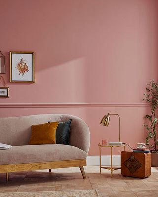 Highland rose pink paint color on living room walls with elegnat shaped mink velvet sofa in front