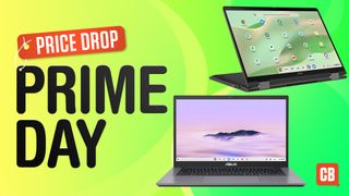 A pair of Chromebooks on a green/yellow background next to the text Price Drop Prime Day