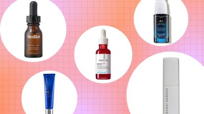 best retinol serums from Medik8, Neostrata, La Roche-Posay, Sunday Riley and Shani Darden on a pink and orange ombré background