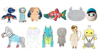 Student drawings and computer renderings of small plush dolls in the form of animals and original fictional characters