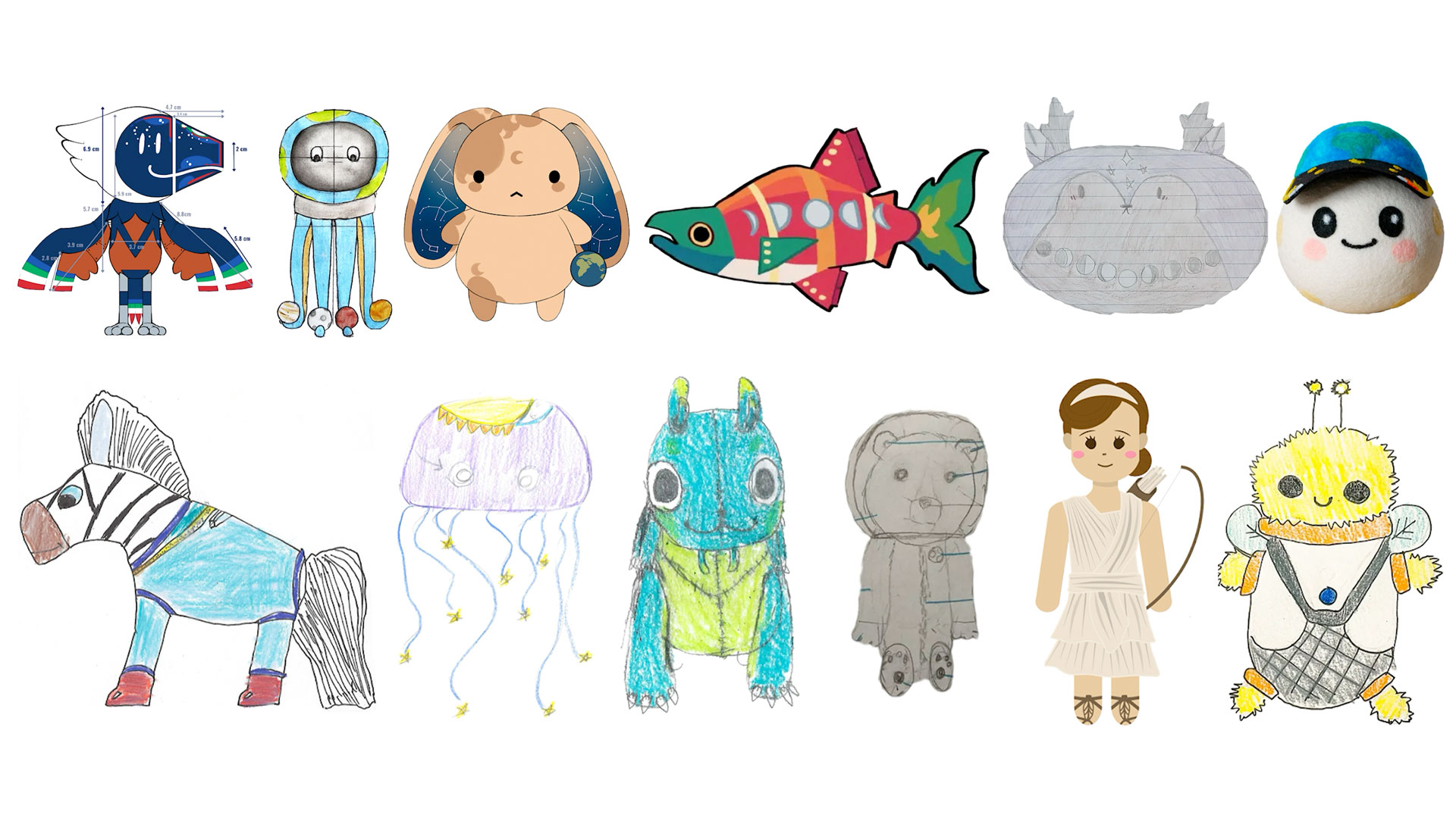 Student drawings and computer renderings of small plush dolls in the form of animals and original fictional characters