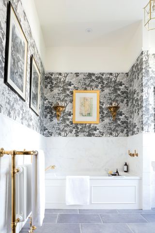 CP Hart black and white bathroom with Zoffany wallpaper