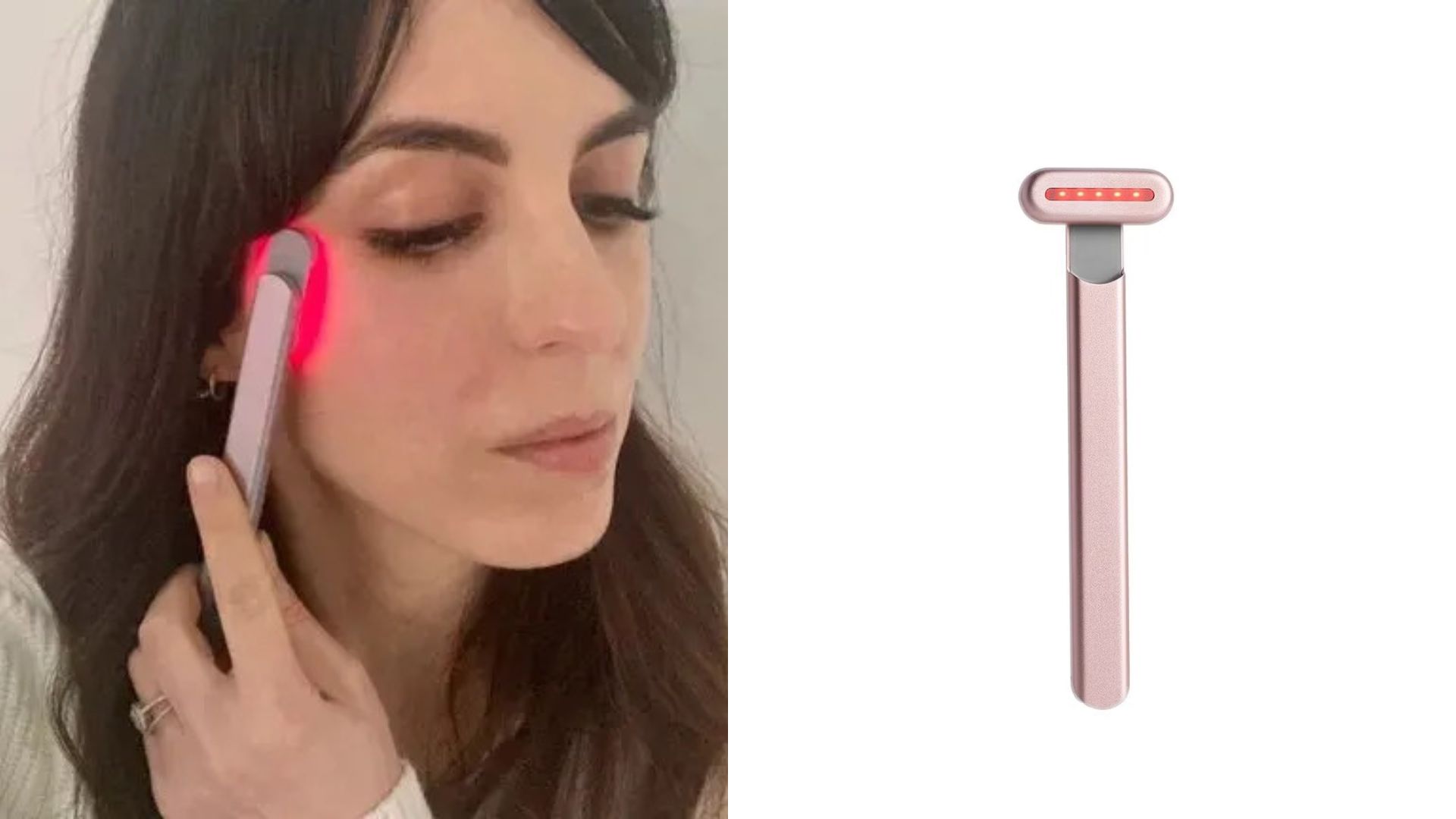 Solawave 4-In-1 Skincare Wand next to an image of Stephanie using it