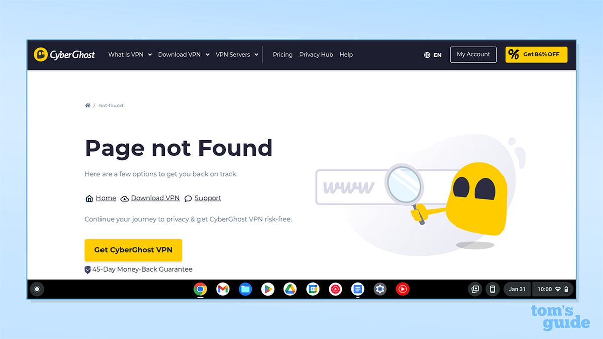 A 404 error when trying to access a support article on CyberGhost's website