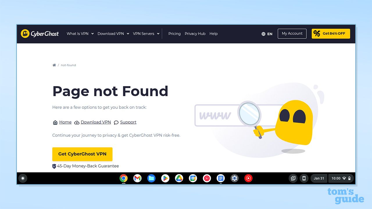 A 404 error when trying to access a support article on CyberGhost's website