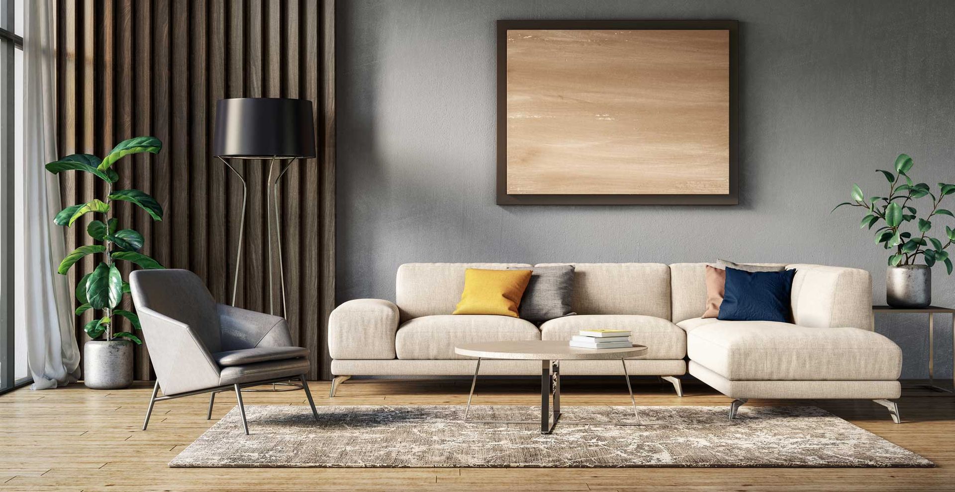 gray and neutral living room with accent colored cushions on the couch to show how to transform a living room on a budget without painting walls