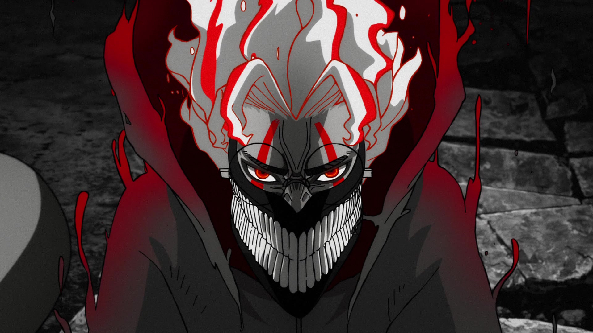 A close-up of a man wearing a mask during Dan Da Dan season 2