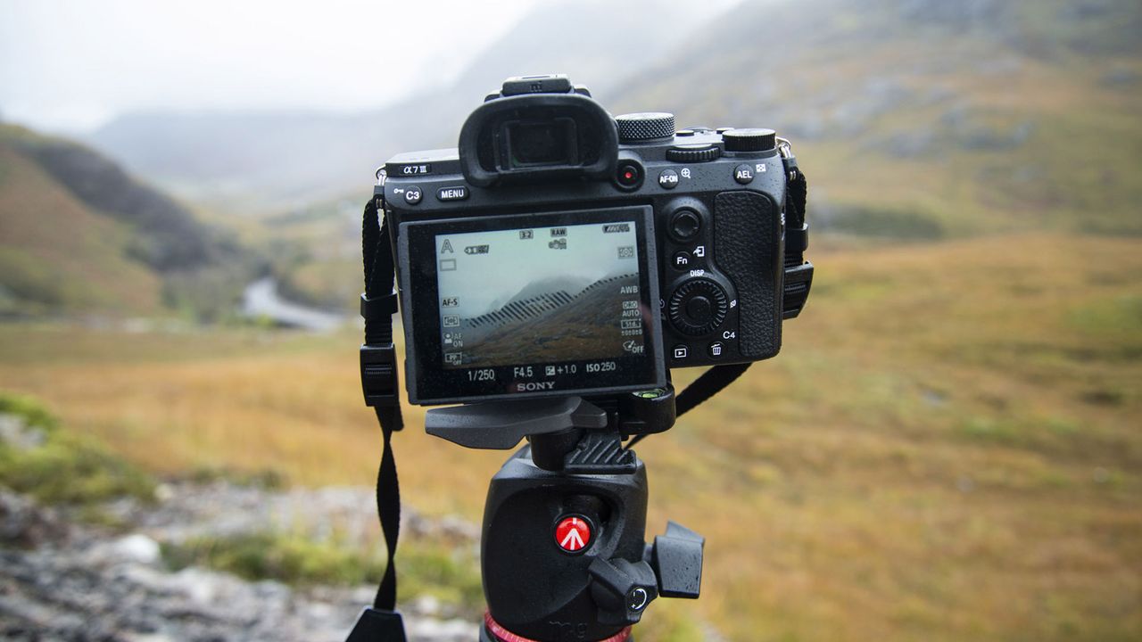 The back of the Sony A7 III camera pointing towards grassy mountains and showing on the screen.