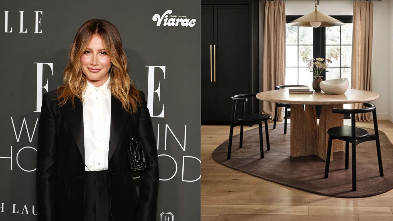 A picture of Ashley Tisdale next to an image of a modern, neutral dining room