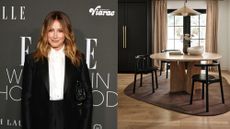 A picture of Ashley Tisdale next to an image of a modern, neutral dining room