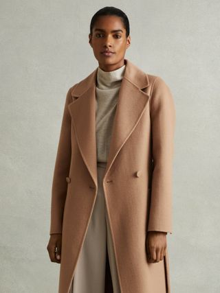 Petite Wool Blend Double Breasted Blindseam Coat in Light Camel