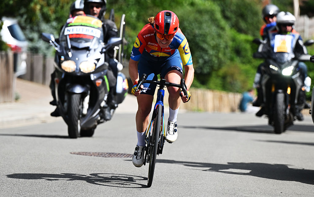 SEPTEMBER 02: Lauretta Hanson of Australia and Team Lidl - Trek attacks during the 27th Simac Ladies Tour 2025, Stage 1 a 81.3km stage from Leuven to Leuven / #UCIWWT / on September 02, 2025 in Leuven, Netherlands. (Photo by Luc Claessen/Getty Images)