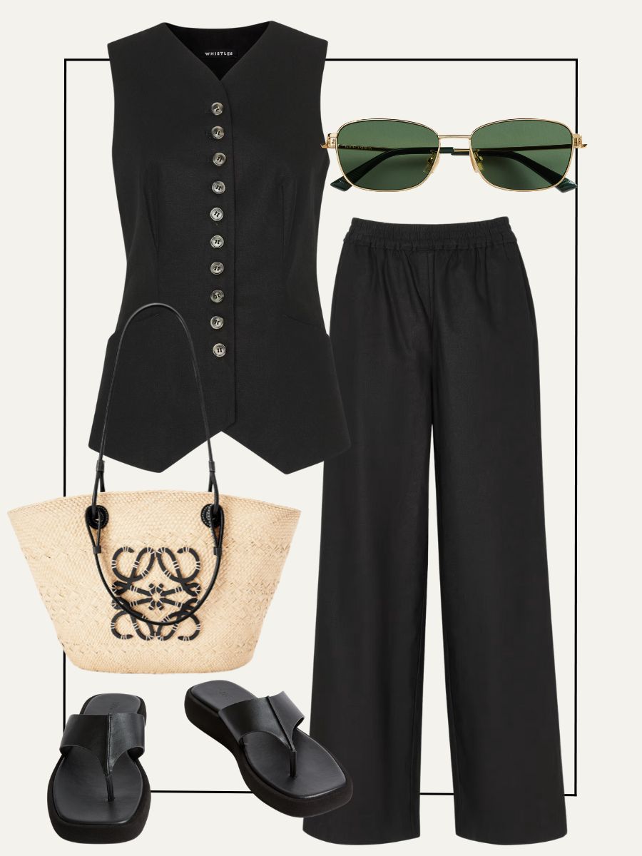 Collage of waistcoat, trousers, sunglasses, basket, flip flops