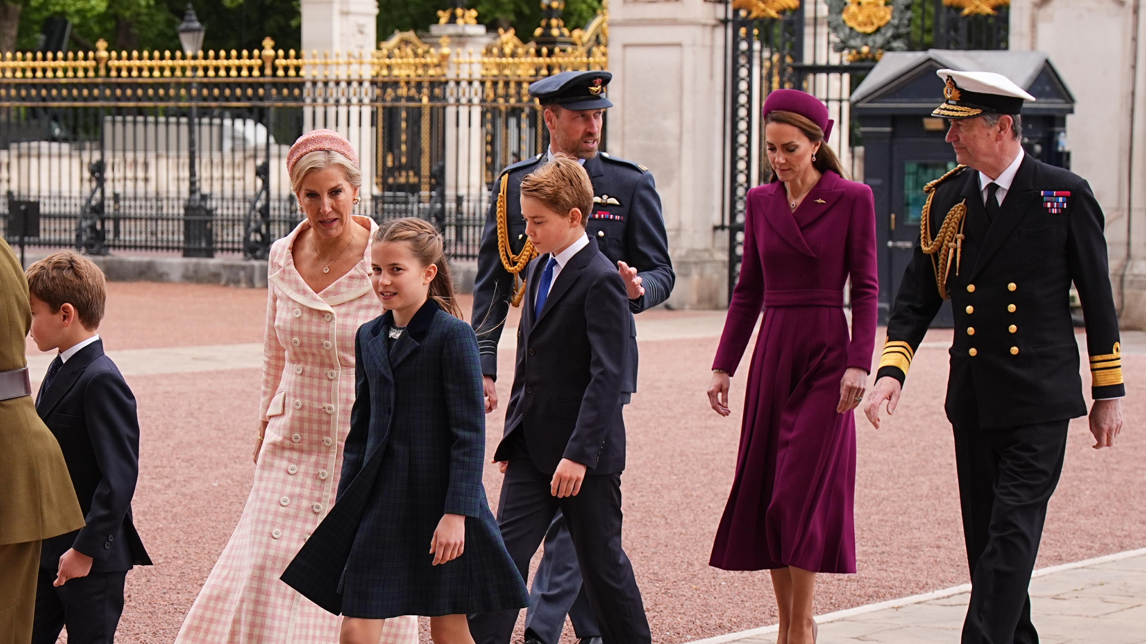 Princess Anne, Princess Royal, Prince Louis, Sophie, Duchess of Edinburgh, Princess Charlotte, Prince George, Prince William, Prince of Wales, Catherine, Princess of Wales and Vice Admiral Sir Tim Laurence return to Buckingham Palace following the military procession for the 80th anniversary of VE Day