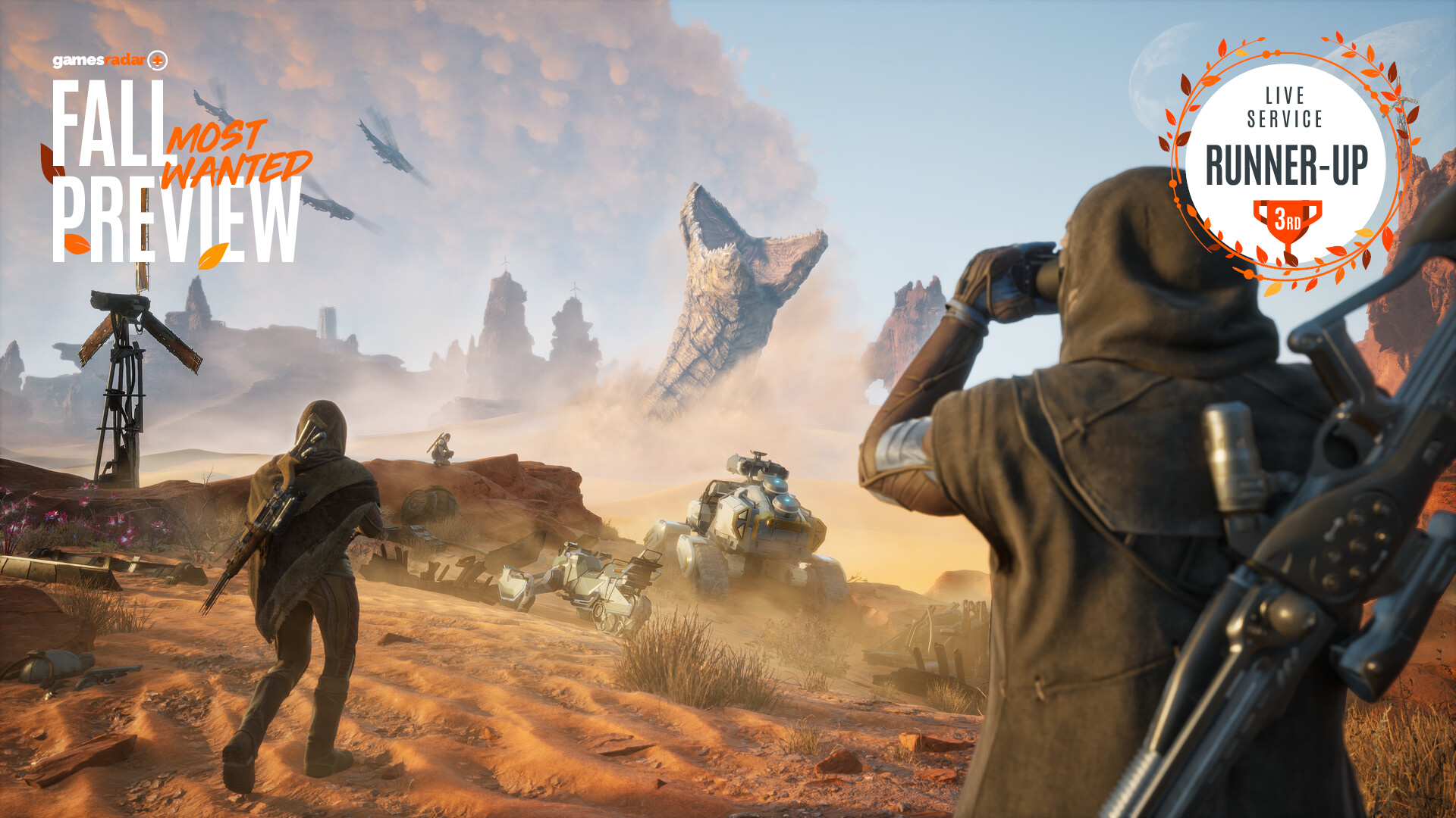 Characters look out across the sands in Dune Awakening with the Fall Preview GamesRadar+ branding