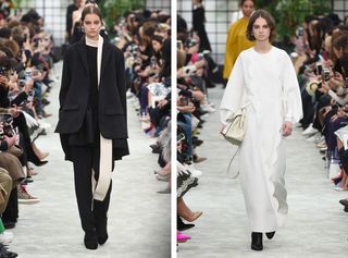 Left, model wears a wrap-around jumpsuit with a black blazer. Right, model wears a white scallop trim dress