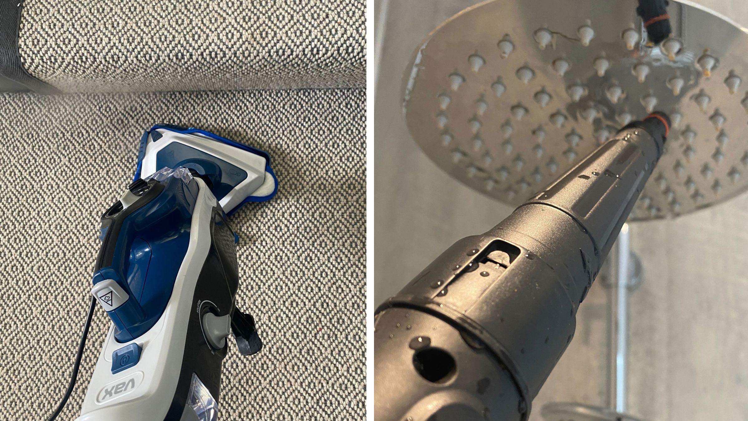 VAX total home steam cleaner being used to clean carpets and banish limescale from a shower head