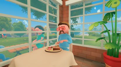 A man with a mustache tucks into a meal in Farm to Table 