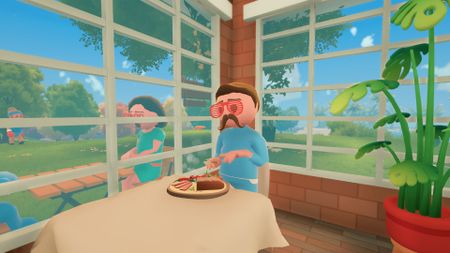 A man with a mustache tucks into a meal in Farm to Table 