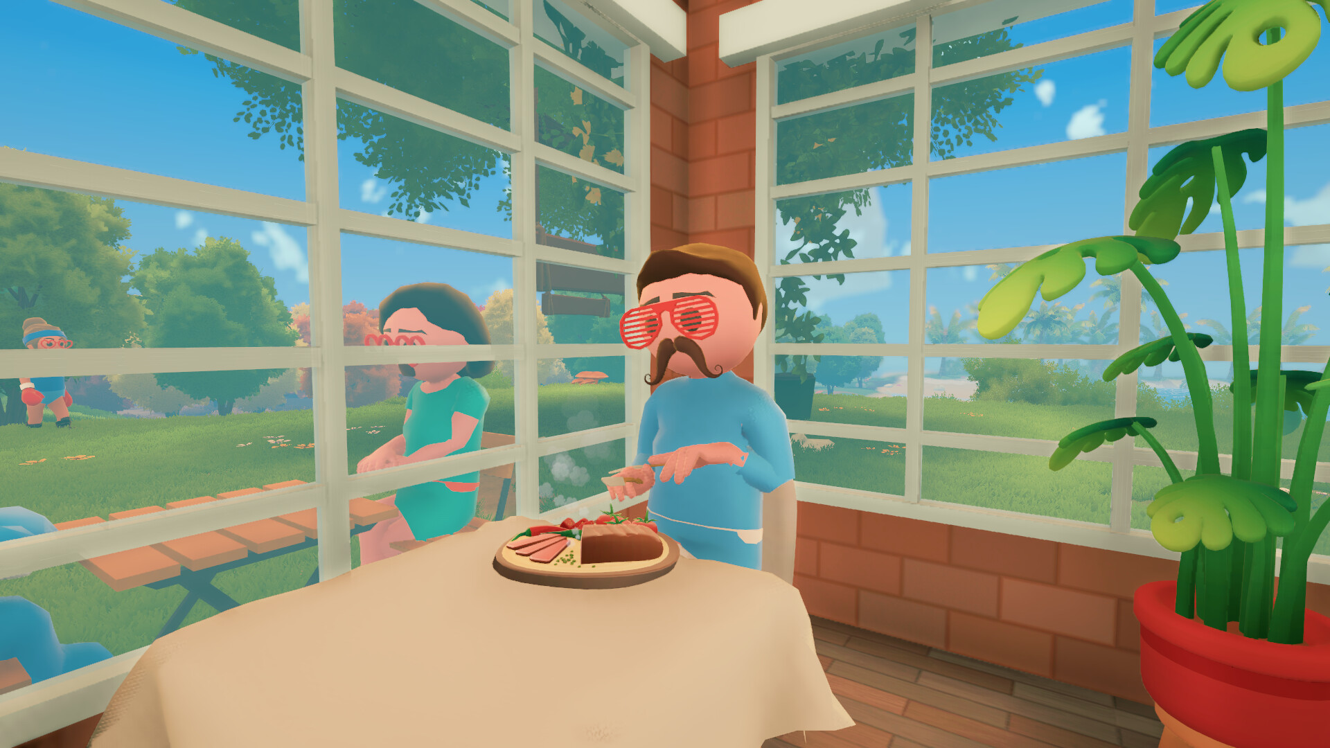 A man with a mustache tucks into a meal in Farm to Table 
