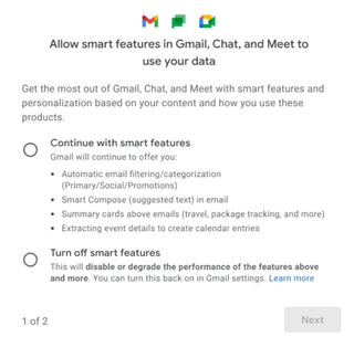 Screenshot of new Gmail smart features