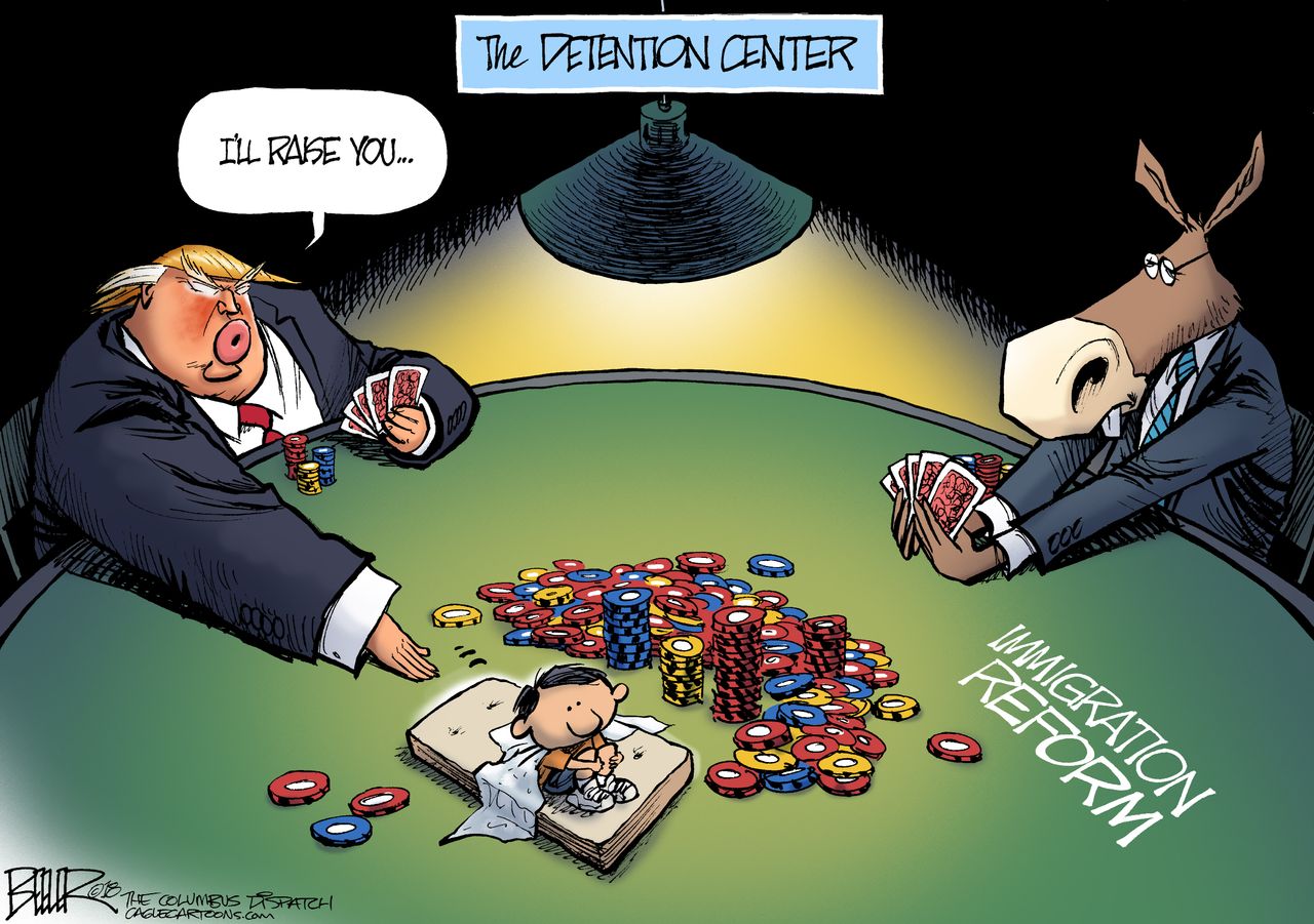 Political cartoon U.S. immigration Trump democrats gambling poker children family separation