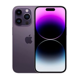 A product shot of the front and back of the iPhone 14 Pro in purple