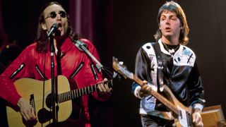 LEFT: John Lennon performing live in his last public performance on the ABC tv special 'Salute to Sir Lew - The Master Showman' at the Grand Hilton Hotel. RIGHT: UNITED STATES - MAY 01: Photo of WINGS and Paul McCARTNEY; performing live onstage with Wings, playing Rickenbacker 4001S bass guitar 