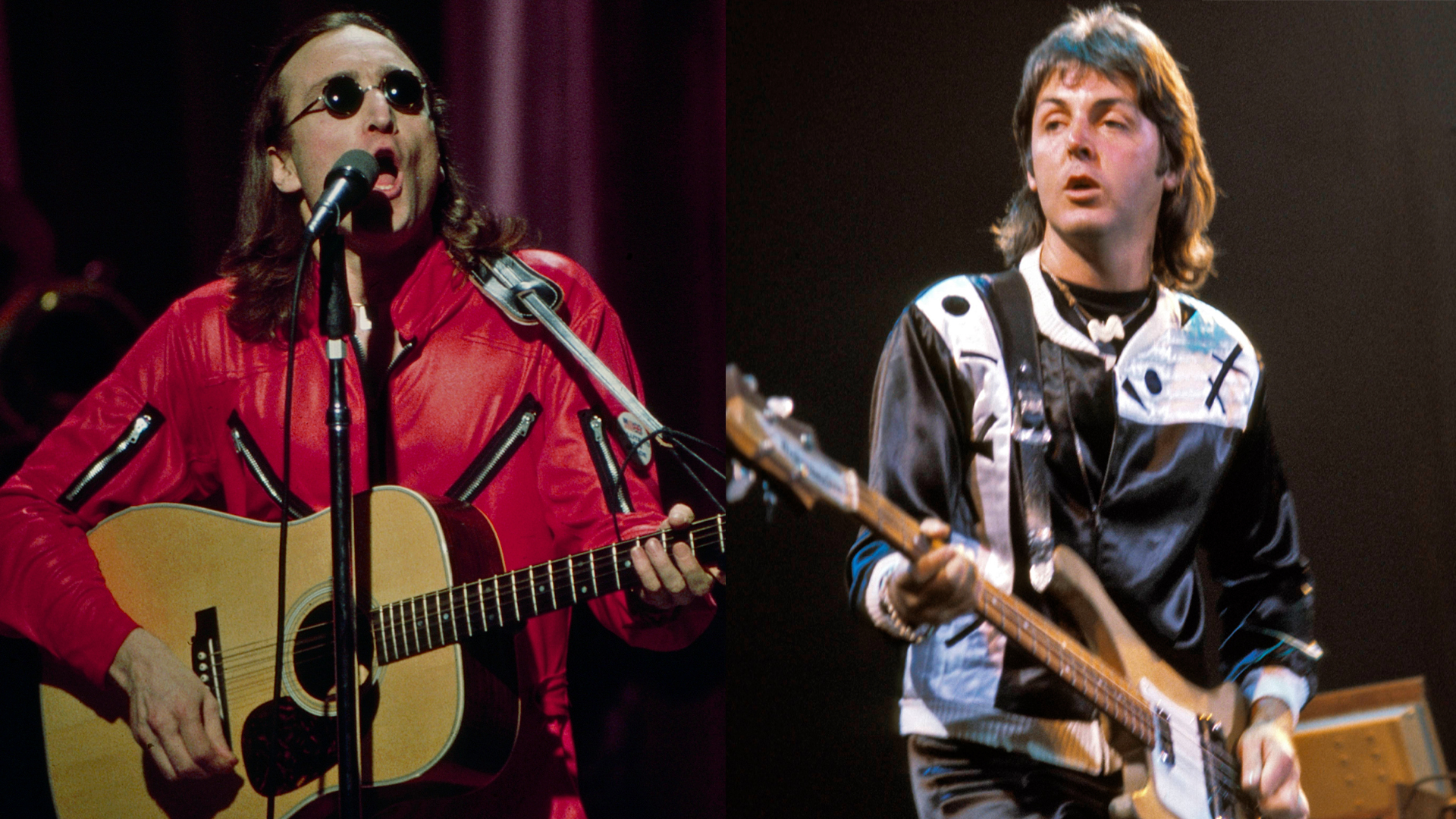 LEFT: John Lennon performing live in his last public performance on the ABC tv special &#039;Salute to Sir Lew - The Master Showman&#039; at the Grand Hilton Hotel. RIGHT: UNITED STATES - MAY 01: Photo of WINGS and Paul McCARTNEY; performing live onstage with Wings, playing Rickenbacker 4001S bass guitar 