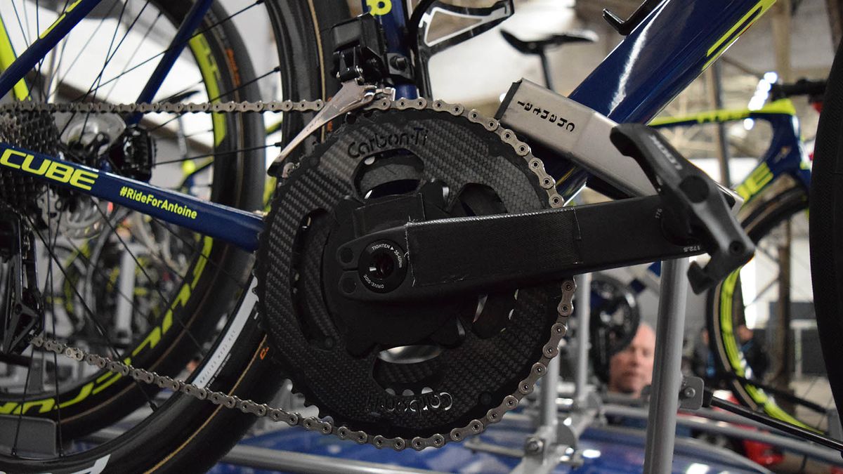 This Wanty Groupe Gobert rider appeared to be running an SRM Origin crankset with the logos taped over, alongside Cabon Ti chainrings