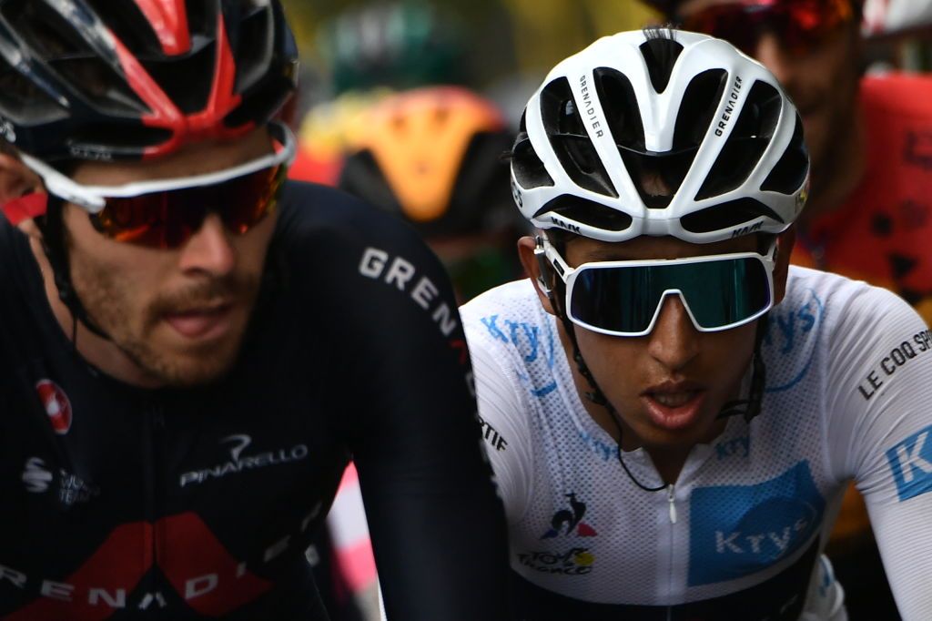 Team Ineos rider Colombias Egan Bernal wearing the best youngs white jersey rides during the 12th stage of the 107th edition of the Tour de France cycling race 218 km between Chauvigny and Sarran on September 10 2020 Photo by Marco Bertorello AFP Photo by MARCO BERTORELLOAFP via Getty Images