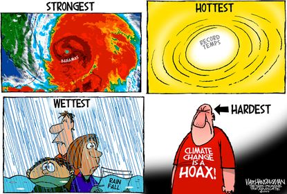 Political Cartoon U.S. Strongest Hottest Wettest Climate Change Deniers Hurricanes