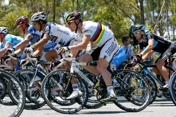 Cadel Evans (BMC) stands out in his World Champions jersey.