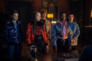 Johnna Dias-Watson as Divina, Naomi j Ogawa as Yoko Tanaka, Georgie Farmer as Ajax Petropolus, Joy Sunday as Bianca Barclay, Oliver Watson as Kent in episode 108 of Wednesday.