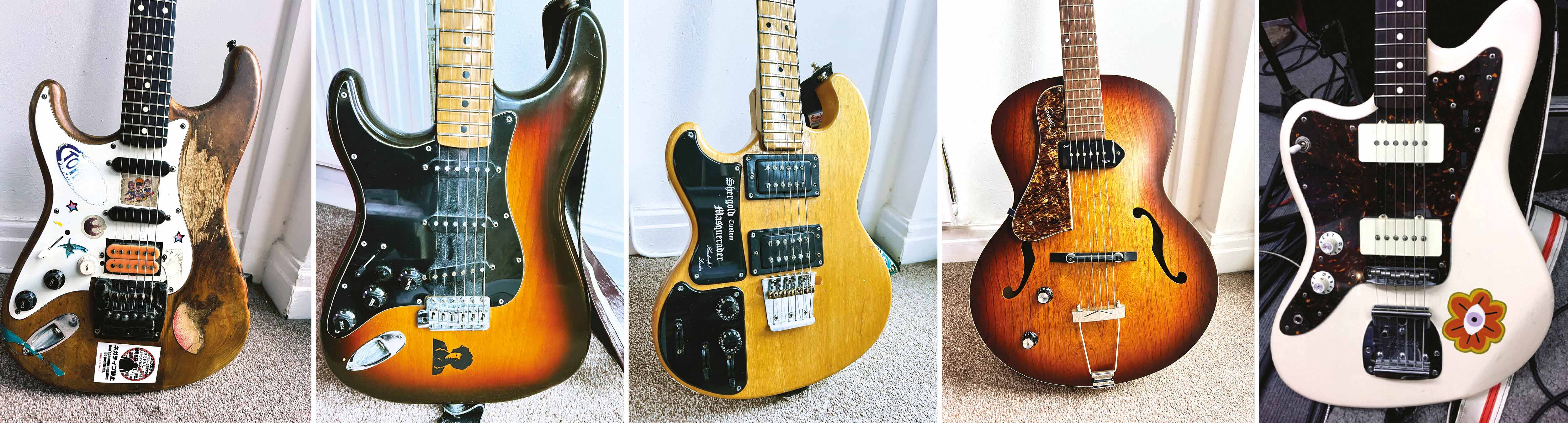 Mike Vennart's guitars [L-R] &amp;rsquo;80s Japanese Squier Strat, 1978 Fender Strat, Shergold Masquerader, Godin 5th Ave, Fender Jazzmaster