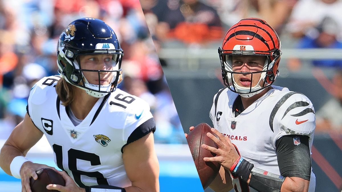 Trevor Lawrence #16 of the Jacksonville Jaguars and Joe Burrow #9 of the Cincinnati Bengals