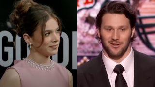 Screenshots from a Hailee Steinfeld red carpet interview at the 2024 Golden Globes and Josh Allen at the 2025 NFL Honors ceremony.