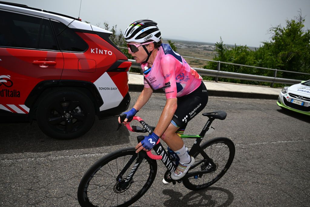 SASSARI ITALY JULY 08 Annemiek Van Vleuten of The Netherlands and Movistar Team Pink Leader Jersey carries bottles during the 34th Giro dItalia Donne 2023 Stage 8 a 1257km stage from Nuoro to Sassari UCIWWT on July 08 2023 in Sassari Italy Photo by Dario BelingheriGetty Images