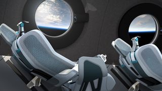 An interior view of a Virgin Galactic SpaceShip with Earth visible through its windows.