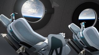 Two seats are seen with circular windows. Outside, the Earth.