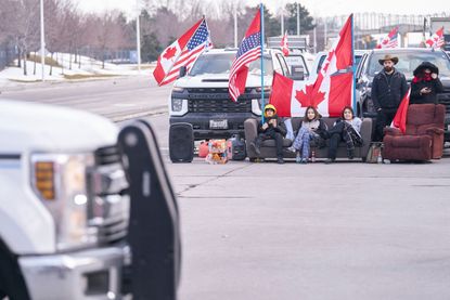 Canadian truck protesters block a road in Windsor, Ontario