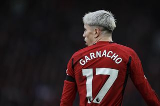 Manchester United forward Alejandro Garnacho playing at Old Trafford