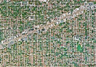Aerial view of densely packed suburban streets. From the exhibition Suburbia. Building the American Dream