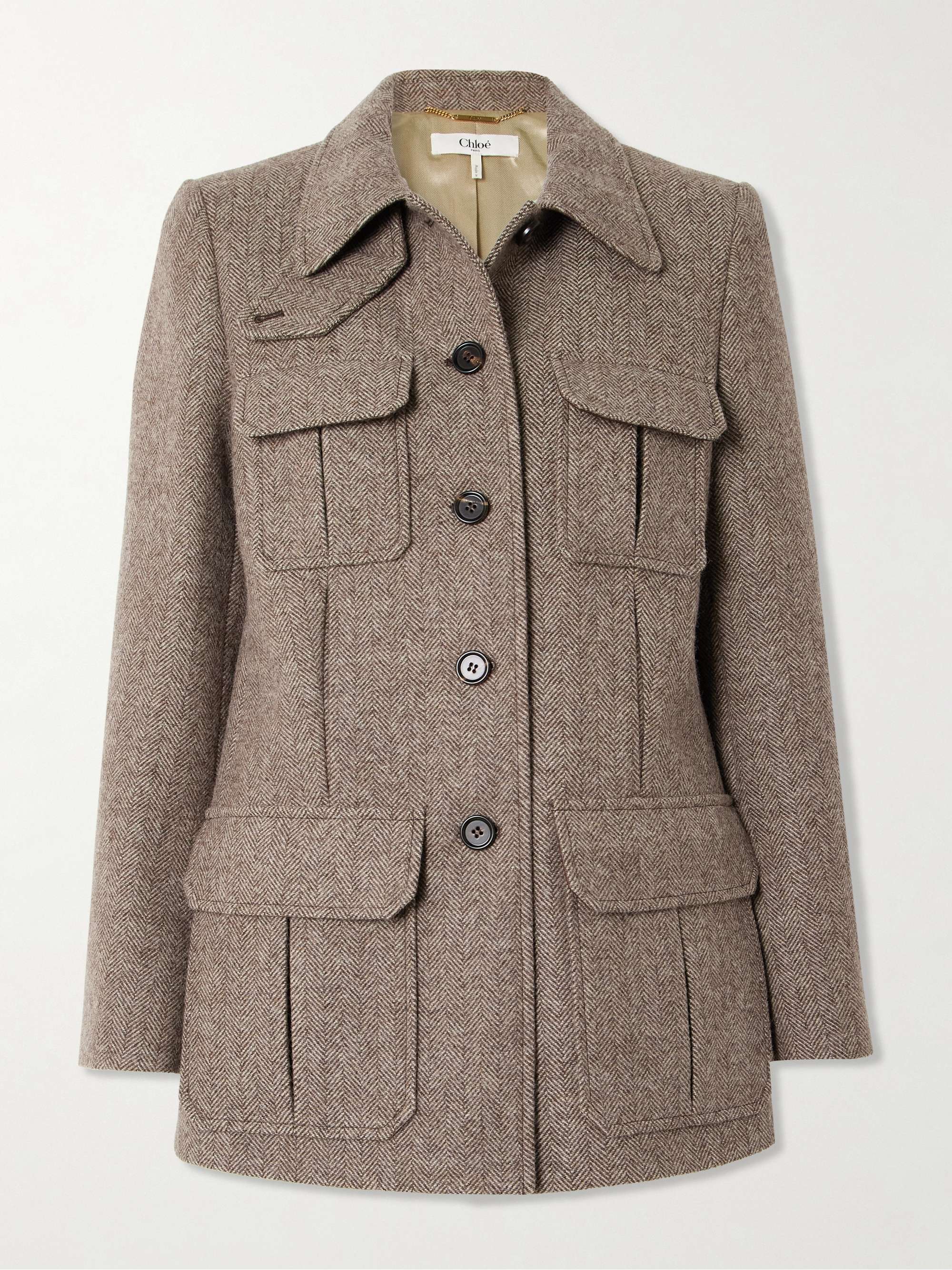Leather-Trimmed Herringbone Wool Jacket