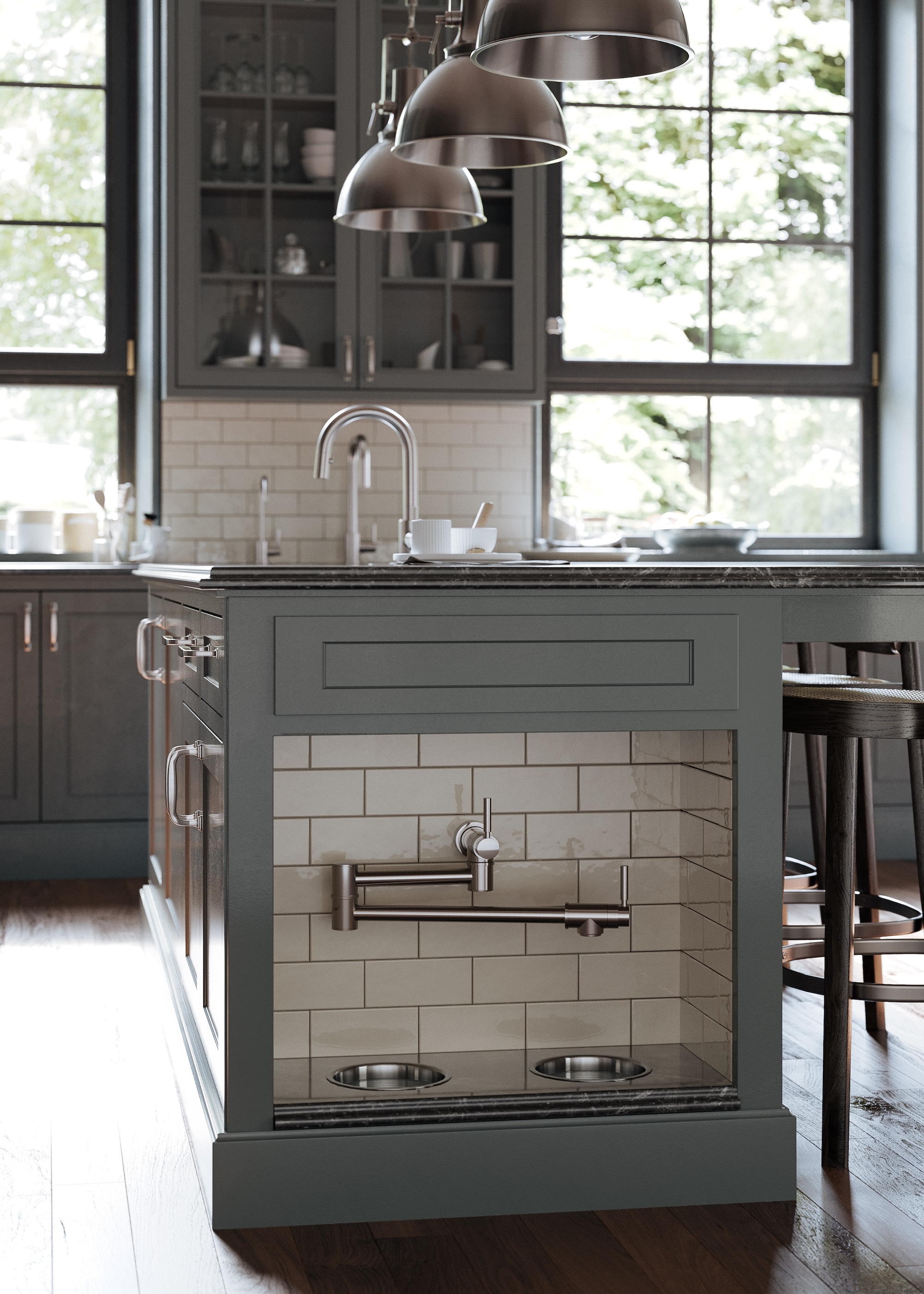 a pot filler tap fitted at a low level to create a drinking station for pets, shown in a classic gray and white kitchen