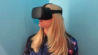 A photo of Becca wearing the Oculus Quest